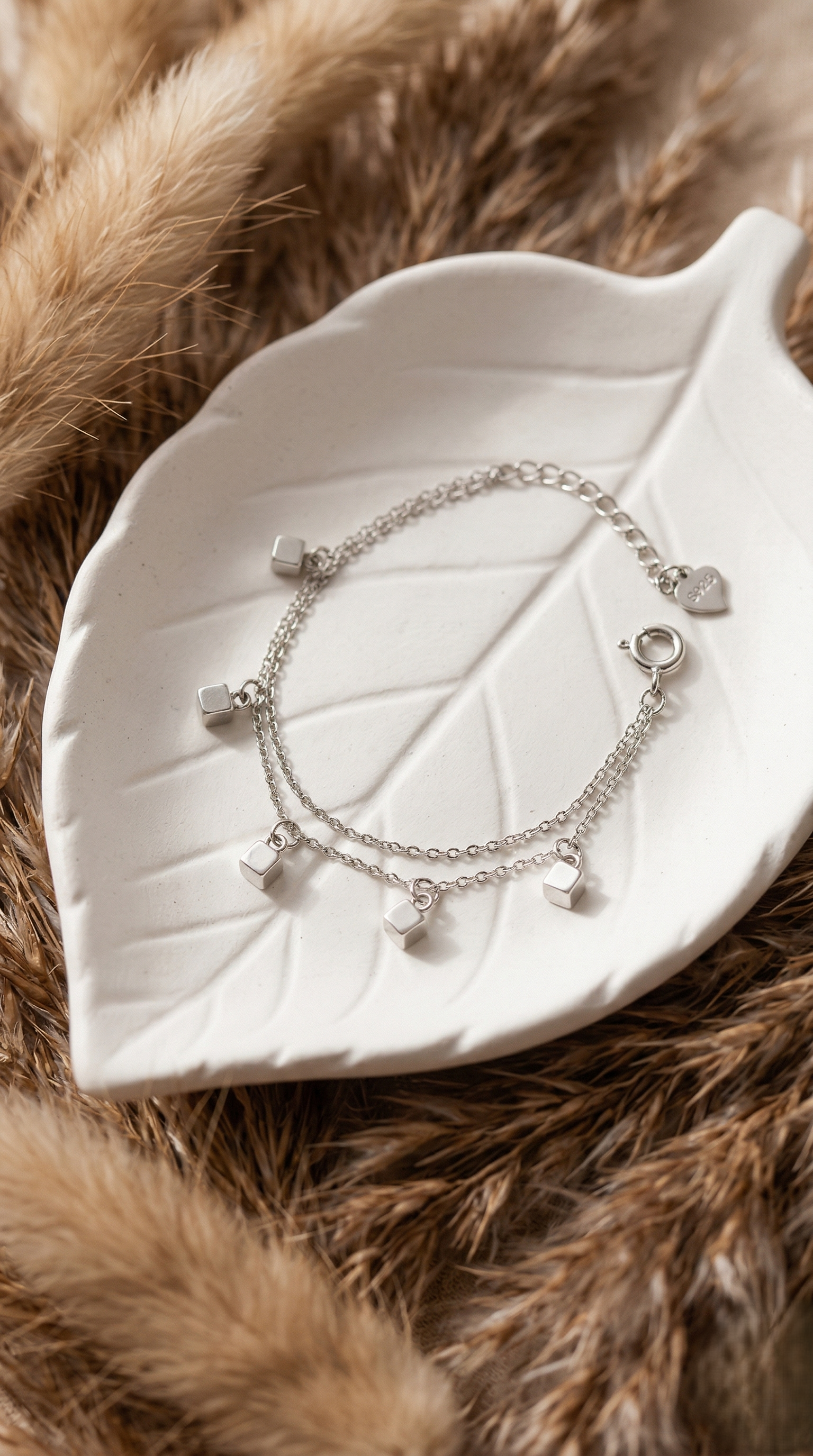 Silver Cube Charm Layered Bracelet
